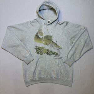 Vintage Walleye Sweatshirt Mens XL Gray Hoodie Fishing Lake Up North 90s Sweater